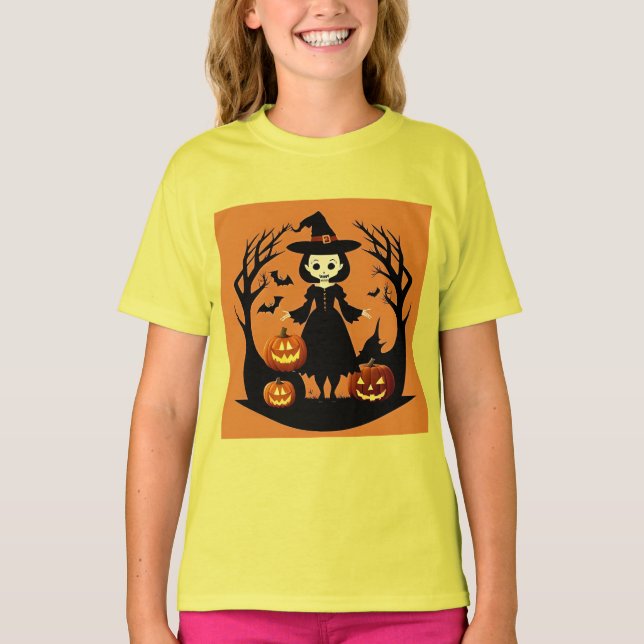 Halloween Witch med Pumpkins in Spooky Setting T Shirt (Framsida)