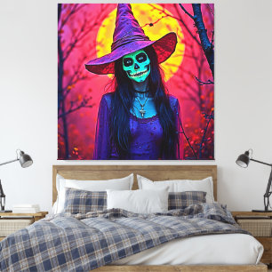 Halloween Witch med Skull Ansikte Design Canvastryck