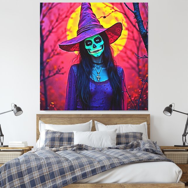 Halloween Witch med Skull Ansikte Design Canvastryck (Insitu (sovrum))