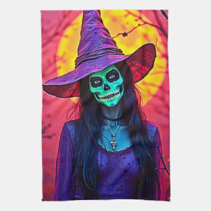 Halloween Witch med Skull Ansikte Design Kökshandduk