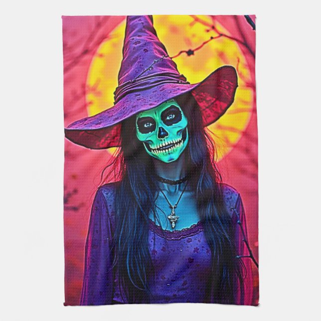 Halloween Witch med Skull Ansikte Design Kökshandduk (Vertikal)