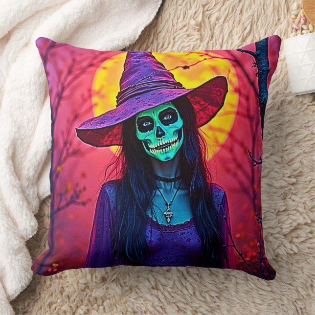 Halloween Witch med Skull Ansikte Design Kudde (Filt)