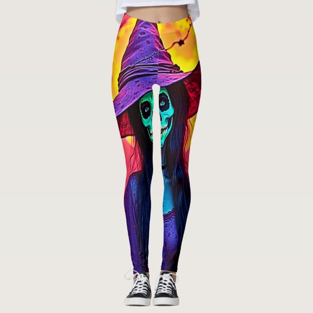 Halloween Witch med Skull Ansikte Design Leggings (Framsida)