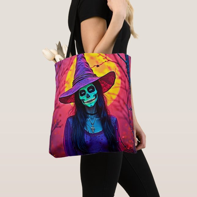 Halloween Witch med Skull Ansikte Design Tygkasse (Närbild)