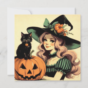 Halloween Witch med svart katt och Jack-o-lantern Kort