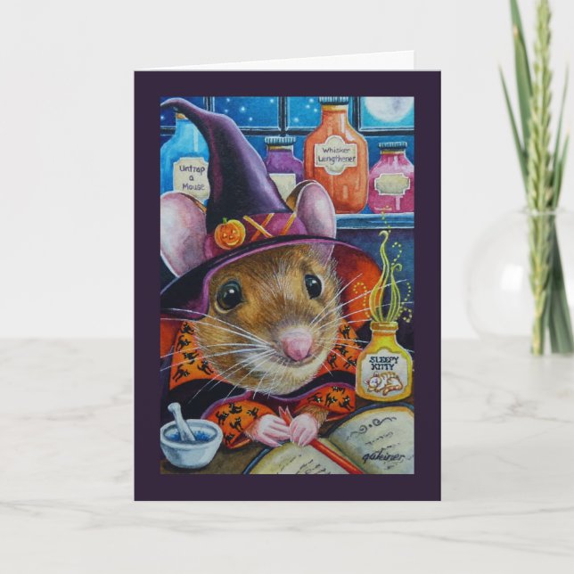Halloween Witch Mouse & Potion Watercolor Art Kort (Framsida)