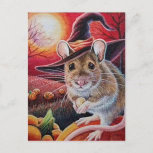 Halloween Witch Mouse Pumpkin Seed Watercolor Art Vykort