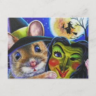 Halloween Witch Mouse Vintage Mask Watercolor Art Vykort