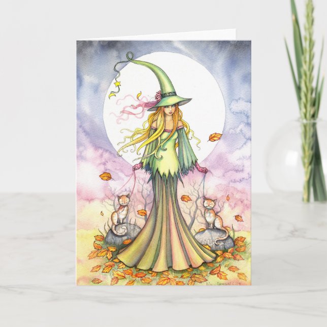 Halloween Witch och Cat Art Card Kort (Framsida)