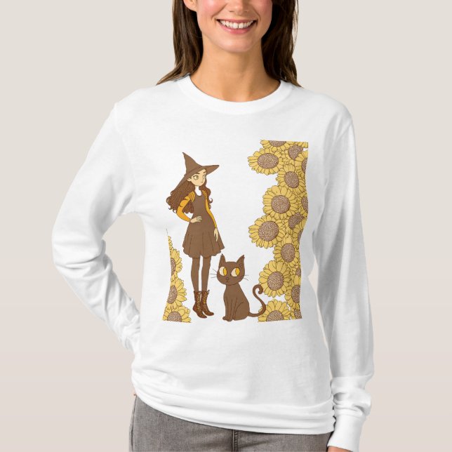 "Halloween Witch och Cat Basic Långärmad T-Shirt (Framsida)