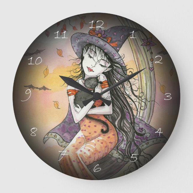 Halloween Witch och Cat Fantasy Art Clock Stor Klocka (Framsida)
