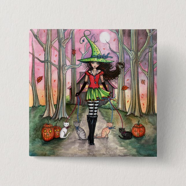 Halloween Witch och Cat Pinback Button Knapp (Framsida)