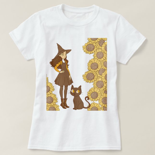 "Halloween Witch och Cat with Sunblommor" T Shirt (Design framsida)