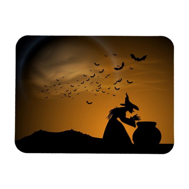Halloween Witch och Cauldron med Fladdermöss Magnet (Horisontell)