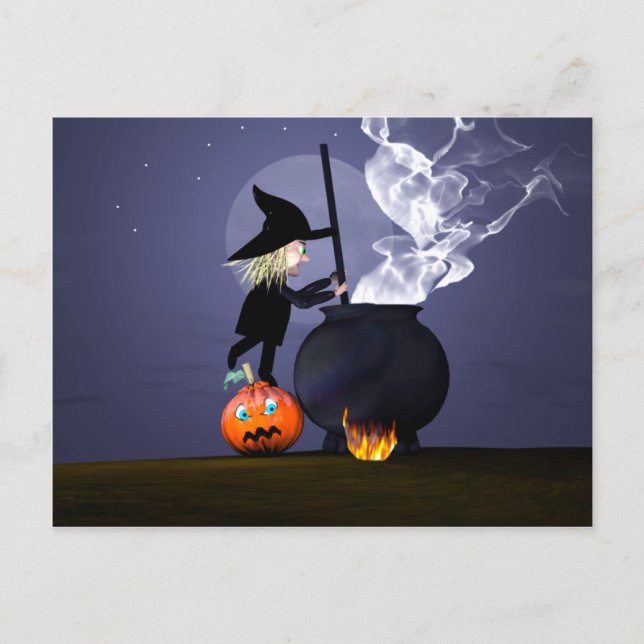 Halloween Witch och Cauldron Vykort (Framsida)