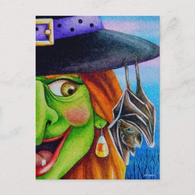 Halloween Witch och Fladdermus Watercolor Art Art Vykort (Framsida)