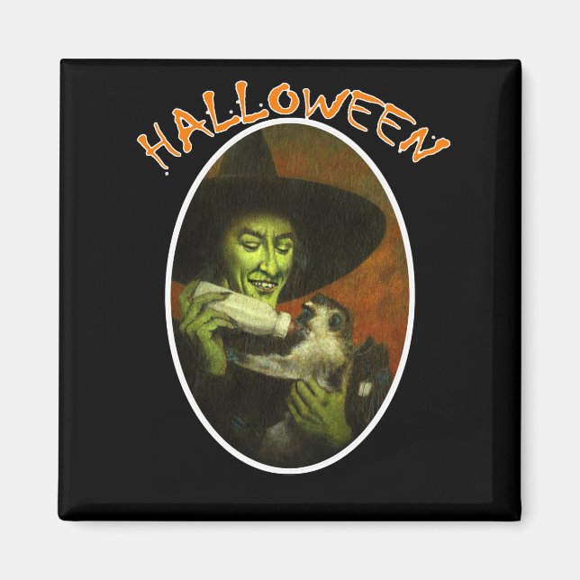 Halloween Witch och flygande apa Magnet (Framsidan)