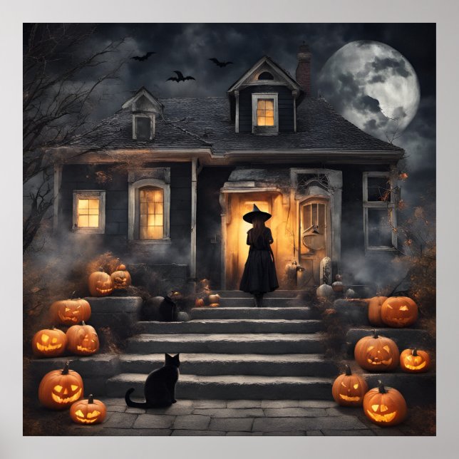 Halloween Witch och Haunted House Poster (Framsidan)