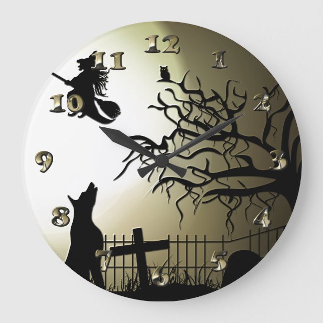 Halloween Witch och Howling Hund Stor Klocka (Framsida)