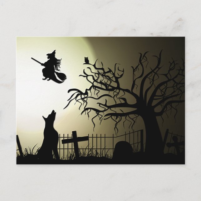 Halloween Witch och Howling Hund Vykort (Framsida)