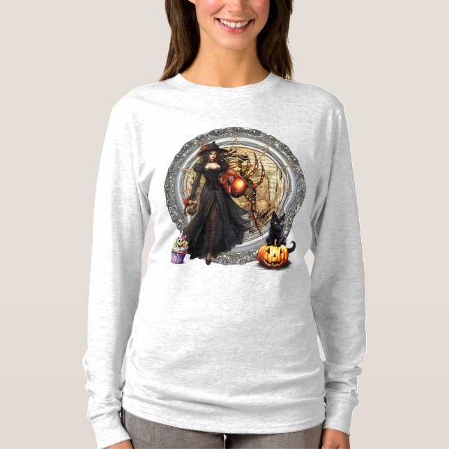 Halloween Witch och Kat T Shirt (Framsida)