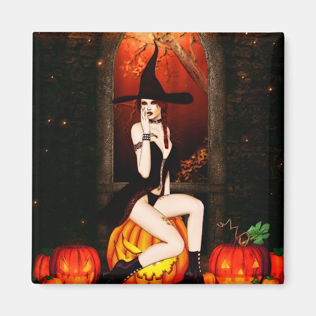 Halloween Witch och pumpor Magnet (Framsidan)