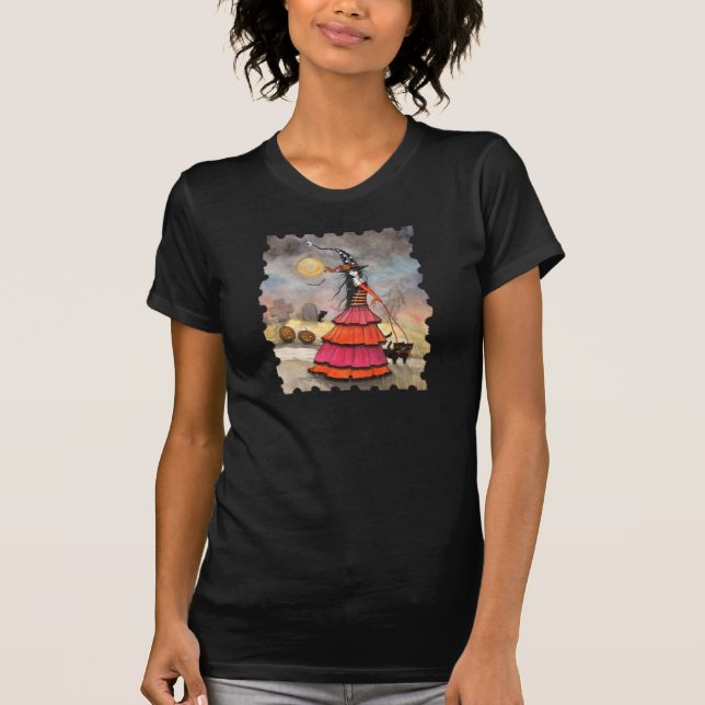 Halloween Witch och Svarta katter Art T-shirt (Framsida)