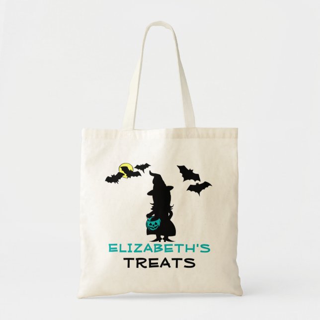 Halloween Witch och Teal Pumpkin Treat Bag Tygkasse (Framsidan)