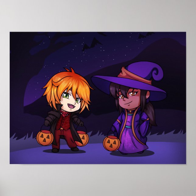 Halloween Witch och Vampire Chibi Poster (Framsidan)