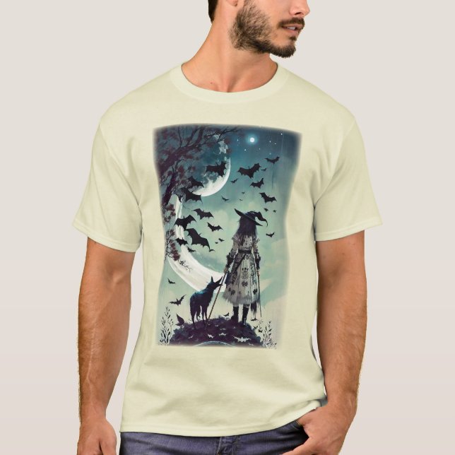 Halloween Witch och Varg med fullt måne och Fladde T Shirt (Framsida)