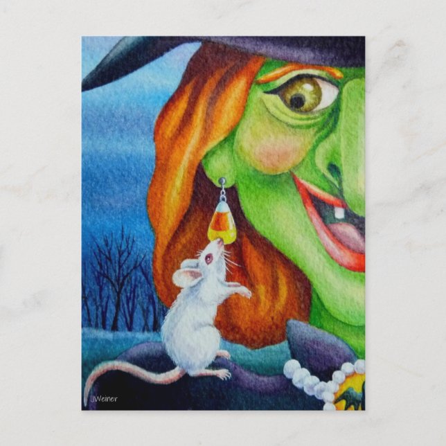 Halloween Witch och White Mouse Watercolor Art Vykort (Framsida)