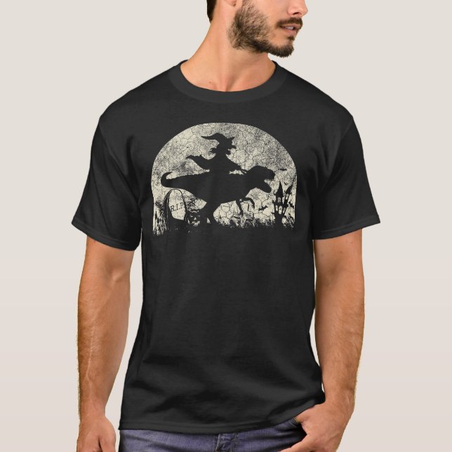 Halloween Witch on T-Rex - Funny Tyrannosaurus Rex T Shirt (Framsida)