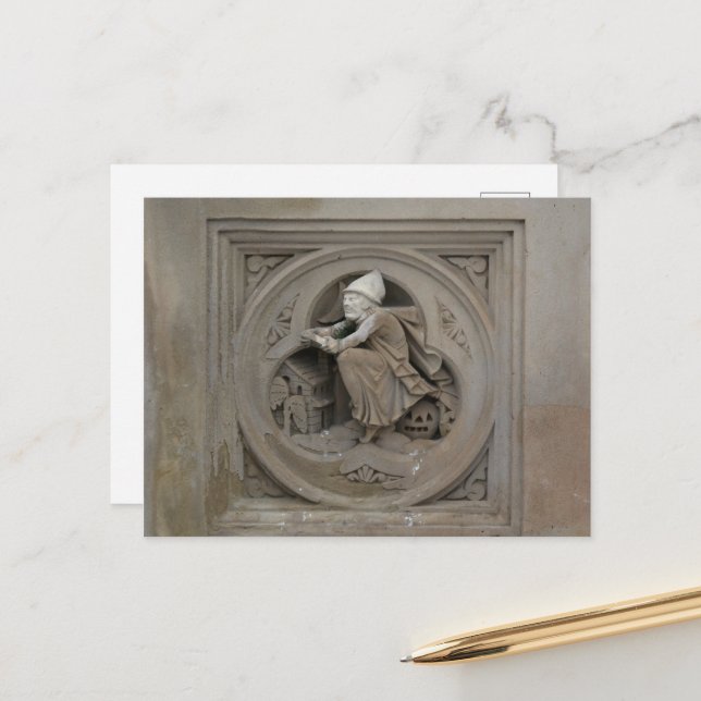 Halloween Witch på Broom 3d Stone Carving Photo Vykort (Fram/Back In Situ)