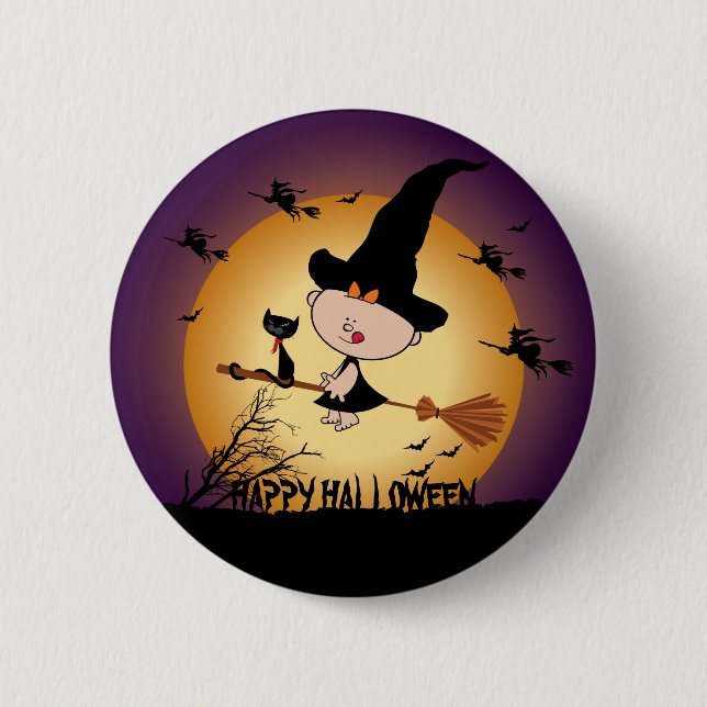 Halloween Witch på Broomstick Button Knapp (Framsida)