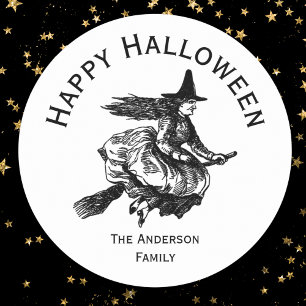 Halloween Witch på Broomstick Runt Klistermärke