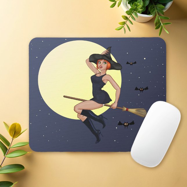 Halloween Witch på en flygande bussdyna Musmatta (Cute Halloween witch mouse pad just for you)