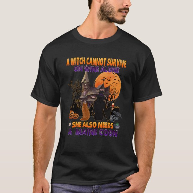Halloween Witch på Vin och Funny Maine Coon Cat C T Shirt (Framsida)