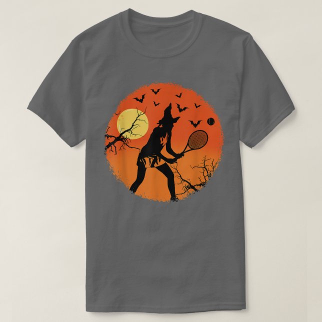 Halloween Witch Playing Tennis Sport Spooky Broom  T Shirt (Design framsida)