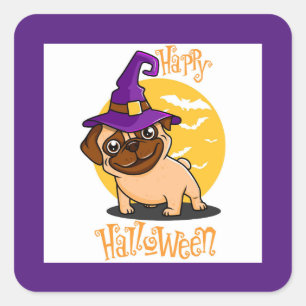 Halloween Witch Pug Square Stickers Fyrkantigt Klistermärke