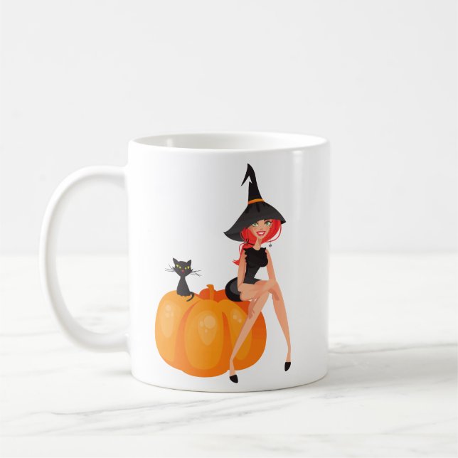 Halloween Witch Pumpkin & Black Cat Kaffemugg (Vänster)