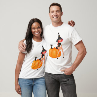 Halloween Witch Pumpkin & Black Cat T Shirt
