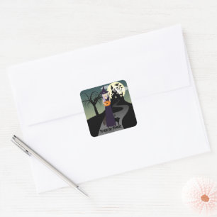 Halloween Witch Pumpkin Black-katt Din text Fyrkantigt Klistermärke