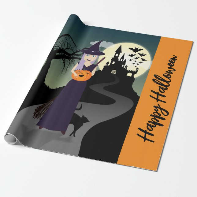 Halloween Witch Pumpkin Black-katt Din text Presentpapper (Utrullad)