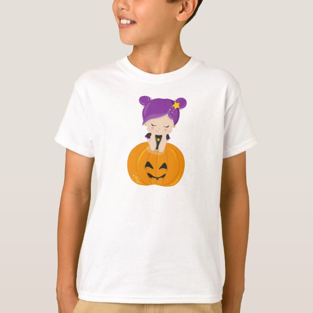 Halloween, Witch, Pumpkin, Boo, Bus eller godis T Shirt (Framsida)
