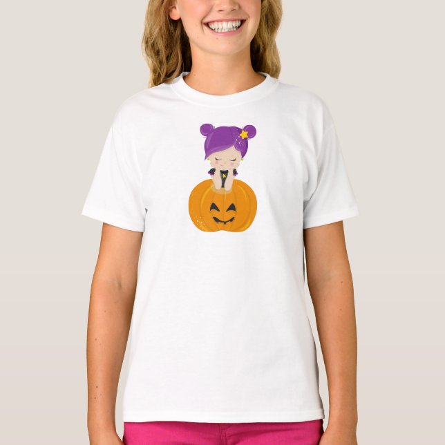 Halloween, Witch, Pumpkin, Boo, Bus eller godis T Shirt (Framsida)