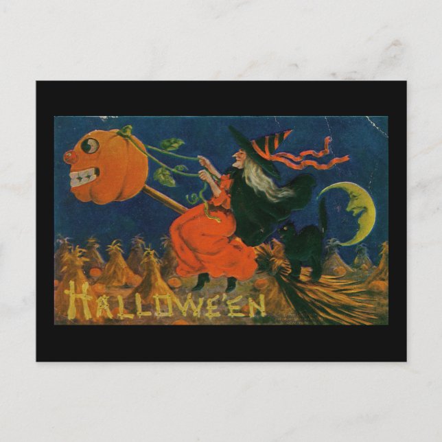 Halloween Witch Pumpkin Broomstick Vintage Vykort (Framsida)