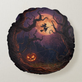 Halloween Witch & Pumpkin Round Pillow Rund Kudde