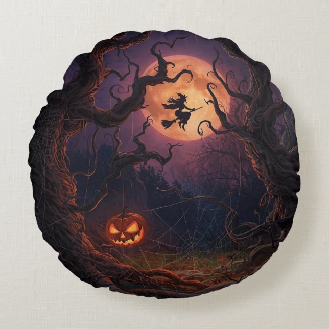 Halloween Witch & Pumpkin Round Pillow Rund Kudde (Framsidan)