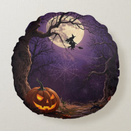 Halloween Witch & Pumpkin Round Pillow Rund Kudde