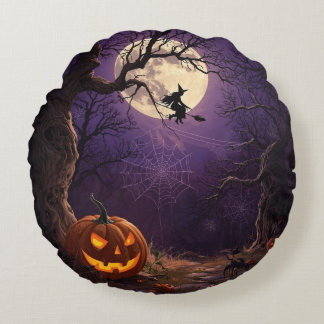 Halloween Witch & Pumpkin Round Pillow Rund Kudde
